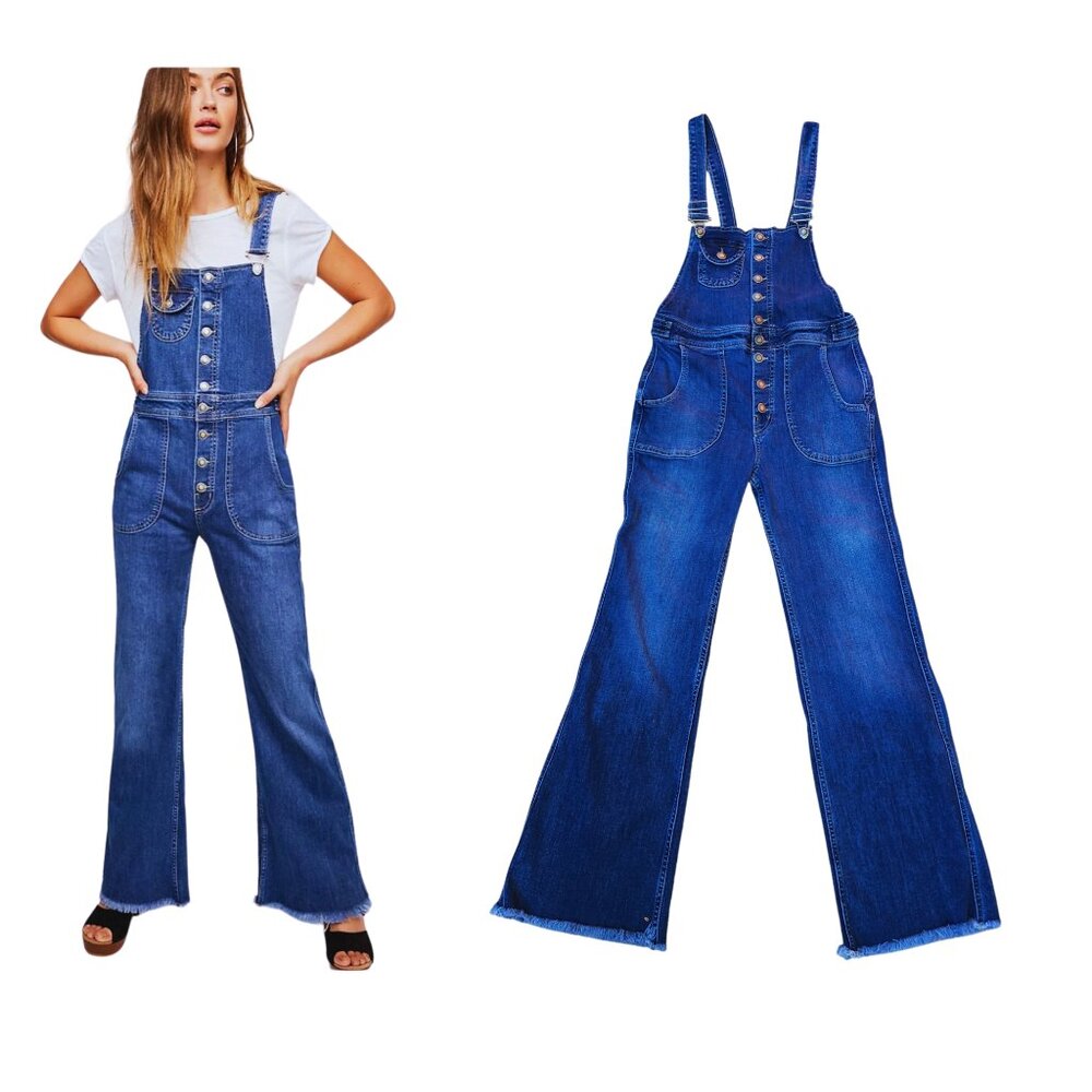 Free People Medium Wash Blue Alvin Flared Bib Overalls Women's Size 27